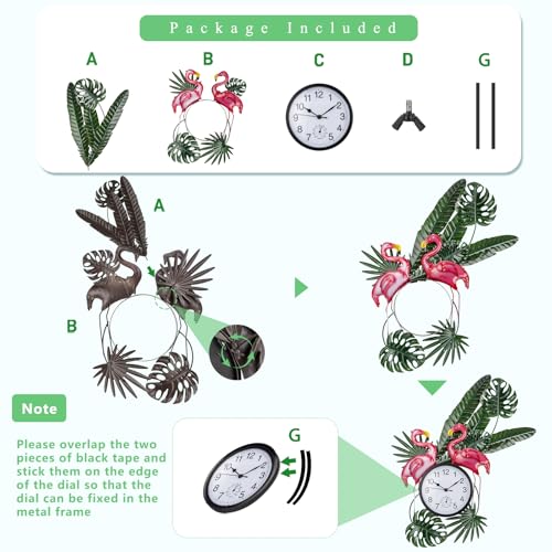 Outdoor Clock and Thermometer Combo | Silent Non-Ticking, Flamingo Outdoor Wall Clock, Metal Wall Art Decor for Patio, Garden, Home Decor - style: Flamingo with Leaves