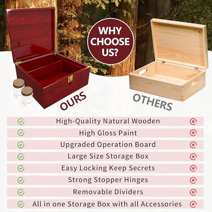 Large Wooden Box Decorative Storage Box with Lock & Accessories - Premium Stash Box with 2 Glass Jar, Brushes,Tubes,Keepsake Memory Treasure Box for DIY Crafts Photo Storage Gifts Birthday Christmas