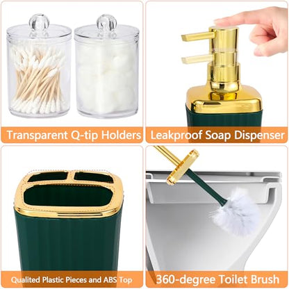 9 PCS DarkGreen Bathroom Accessories Set with Trash Can Bathroom Accessory | All-in-One Kit with Trash Can,Toothbrush Holder,Soap Dispenser,Toothbrush Cup,Vanity Tray,Soap Dish,Toilet Brush etc for Home - color: Darkgreen