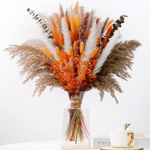 120Pcs Orange Dried Pampas Grass Bouquet, 17'' Natural Baby's Breath, Bunny Tail & Eucalyptus for Boho Winter Home Decor, Wedding Centerpiece, Christmas - color: Orange