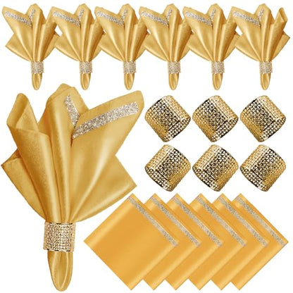 12 Pack Cloth Napkins and Gold Napkin Rings Set of 6, 17x17 Bling Trim Satin Cocktail Napkins Cloth Washable Personalized Dinner Napkins for Wedding Party Holiday Decorative | 17x17 Inch Personalized Gold Napkins Set, Washable Fancy Dinner & Cocktail Napk