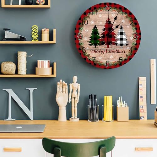 Christmas Silent PVC Wall Clock 10 Inch Red Black Buffalo Plaid Round Wall Clock Xmas Tree Snowflake Retro Wood Grain Hanging Clock for Kitchen Battery Operated Living Room Christmas Clock - color: Christmascbt5114, size: 10x10inch(25x25cm)