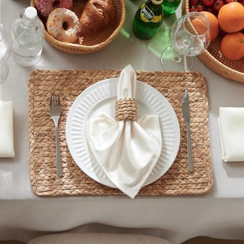 Woven Placemats Set of 6, 17" x 12" Rattan Table Mats, Natural Water Hyacinth Chargers for Dinner Plates, Wicker Placemats for Dining Table, Home, Wedding