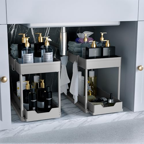DEKAVA 2 Pack Under Sink Organizer, 2-Tier Sliding Cabinet Basket, Grey - color: Grey