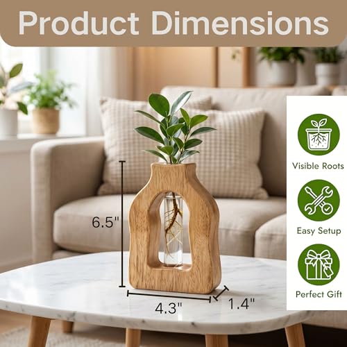 Plant Propagation Station with Glass Test Tube Vases, Wooden Stand Planter Terrariums for Hydroponic Plant Cuttings, Home Office Desktop Decor, Gift for Plant Lovers - size: 4.3"x6.5"