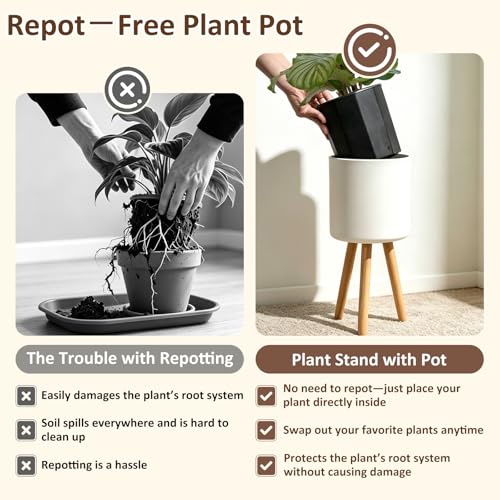 Plant Stand for Indoor Plants, Metal Planter Stand with Wooden Legs, White Flower Plant Pot Holder for Living Room, Office, Bedroom, Modern Home Decor