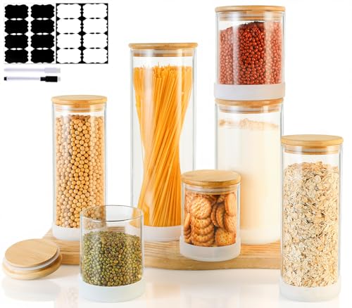 Glass Storage Containers with Bamboo Lids – 7 Pack Airtight Clear Glass Jars in Mixed Sizes (17oz/25oz/34oz/53oz/73oz) for Pantry Organization, Kitchen Dry Food, Coffee, Flour, Pasta & Snacks - color: Round/7pcs/Mixed Sizes