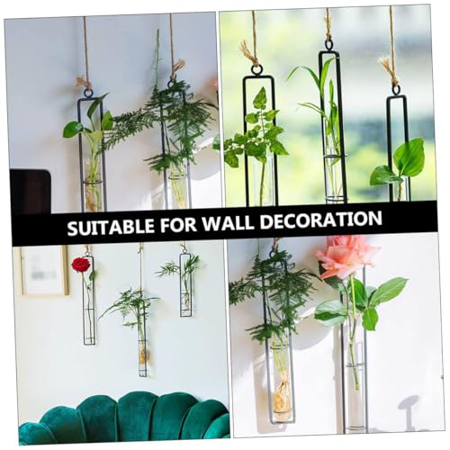 CALLARON 3 Kits Hanging Hydroponic Test Tube Vase Set with Iron Frame, Glass Plant Propagation Containers, Wall-mounted Flower Holders for Indoor and Garden Decoration