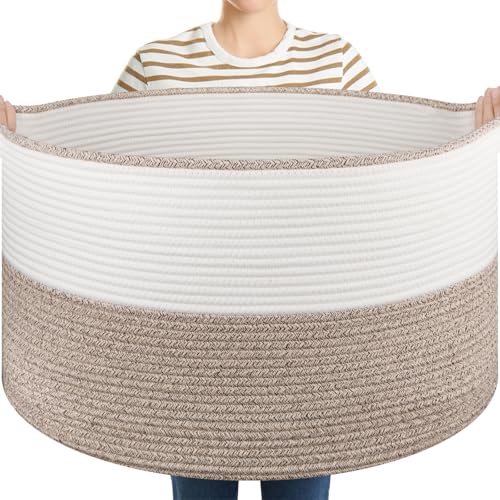 OIASKET Large Blanket Basket with Handles, 22.8" x 22.8" x 13" Woven Storage Basket for Living Room, Cotton Rope Baby Toy Storage for Clothes, Pillows, Towels-Brown & White - color: Brown & White, size: 90L