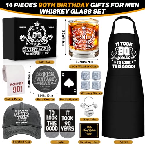 90th Birthday Gifts for Men Whiskey Glass Set, 90th Birthday Party Supplies with 11 Oz Whiskey Glass Coaster Stone Baseball Cap Apron Sock Toilet Paper Keychain for Him, Dad, Husband, Friends - style: 90th Birthday
