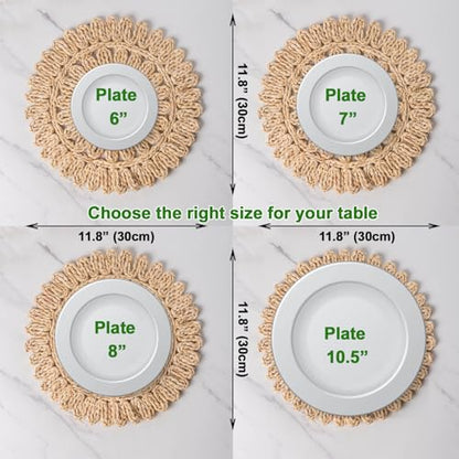 11.8" Set of 6 Round Corn Husk Placemats | Boho Woven Rattan Table Mats | Farmhouse Wicker Spring Plate Chargers Like Water Hyacinth, Seagrass for Wedding, Party, Christmas, Events - size: Set of 6 (Dia 11.8)