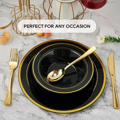 100PCS 12oz Black Disposable Plastic Soup Bowls with Gold Rim | Plastic Bowls for Christmas Thanksgiving Premium Dessert Salad Bowls for Wedding/Party/Halloween - color: Black, style: 100Count