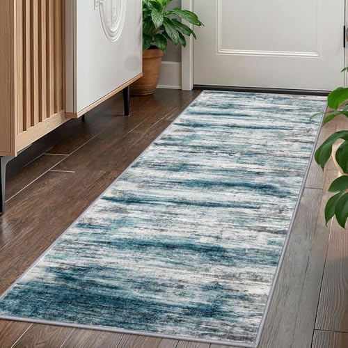 KOZYFLY Modern Hallway Runner Rug 2x5 Washable Kitchen Runner Rugs Blue | Non-Slip, Non-Shedding, Low Pile Soft, Abstract Striped, For Hall Entryway Bathroom Laundry Bedroom Foyer - color: Blue, size: 2' x 5' (Runner)
