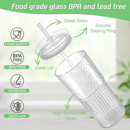 Luiaiog Glass Cups with Lids and Glass Straws, High Borosilicate 20OZ Tumblers (2Pcs) for Coffee, Tea, Juice, Smoothies, Hot/Cold Drinks at Home, Office（Creative Drink Label Design） - color: Creative Label 2pcs 20oz