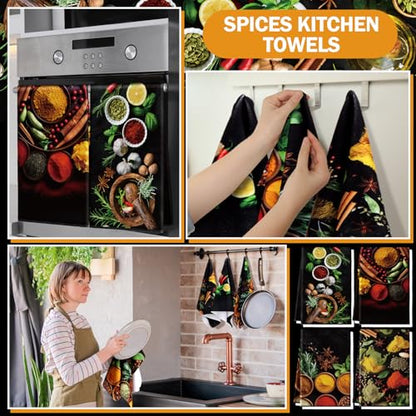 Teenyyou 8 Pcs Colorful Spices Kitchen Towels Pot Holders and Oven Mitt Set 4 Cooking Herb Dish Towels 2 Rustic Absorbent Square Potholders 2 Heat Resistant Glove for Cooking Baking Home Gifting - style: Colorful Spices