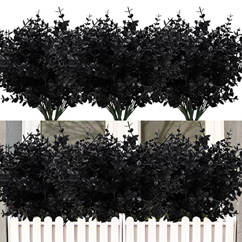 RECUTMS Artificial Flowers Outdoor UV Resistant Outdoors,Black Eucalyptus | 12Pcs,Fake Fall Plants Faux Plastic Flower for Hanging Planters Halloween Porch Vase Home Window Decoration,Spring Decoration - color: Black Eucalyptus, size: 12 Pcs