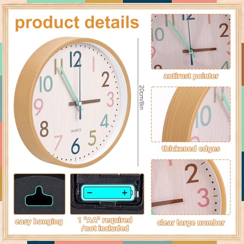 Qunclay Boho Classroom Wall Clock Colorful Fun 8 Inch Silent Non-Ticking Battery Operated Clock for Back to School Office Bedroom Living Room Playroom Nursery Kitchen Brown Bamboo Grain