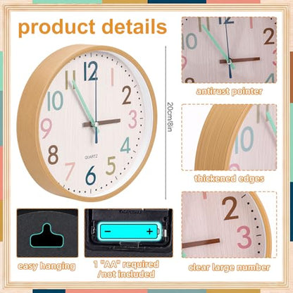 Qunclay Boho Classroom Wall Clock Colorful Fun 8 Inch Silent Non-Ticking Battery Operated Clock for Back to School Office Bedroom Living Room Playroom Nursery Kitchen Brown Bamboo Grain
