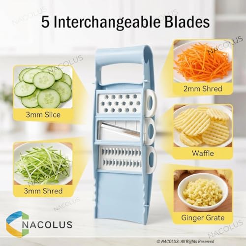 NACOLUS Handheld Mandoline Slicer for Kitchen, Vegetable Slicer Multi Blade Potato Chip, Veggie shredder, Vegetable Cutter, Julienne Shredder and peeler For Small Job In Kitchen Blue - color: Blue