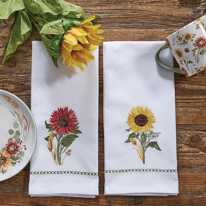 Park Designs Red Sunflower Dishtowel Set of 2, Embroidered | 18" x 28" | Cotton | Embroidered Sunflower Design | Fall Kitchen Decor - color: Sunflower Embroidered Dishtowel Set of 2