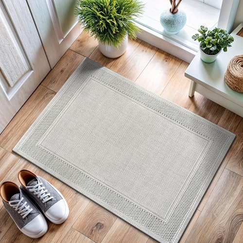 Easy Jute Rug 2x3, Indoor Outdoor Off-White Color Fiber Area Rugs for Entry, Living Room and Kitchen Rug, Bordered Boho Woven Design, Easy-Cleaning, Washable Outside Carpet (2 x 3) - color: Bordered/Bone-black, size: 2' x 3' (Rectangular)