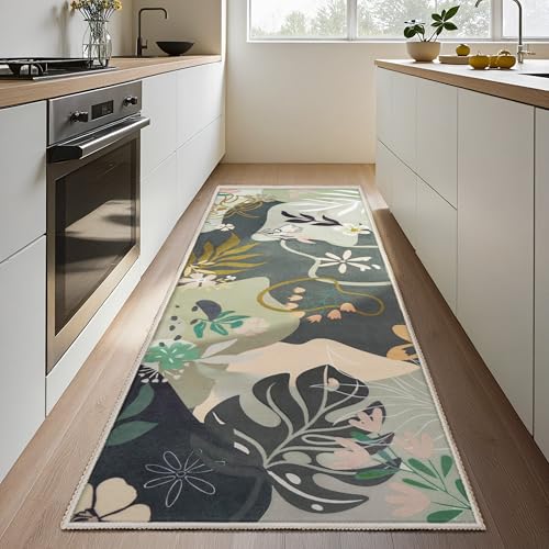 Joiedomi Hallway Runner Rug Washable 2'x 6' Non Slip Kitchen Rug with Rubber Backing Soft Art Floral Floor Carpet Runners for Entryway Laundry Bedroom Indoor (Olive-Green) - color: 03 - Olive Green, size: 2'x6'