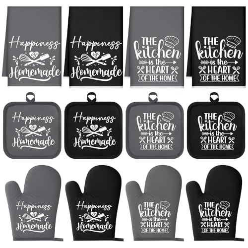 Sratte 12 Pcs Farmhouse Kitchen Decor and Accessories Sets 4 Black and Grey Kitchen Towels 4 Pot Holders 4 Oven Mitts Gloves for Home Rustic Decor Baking Cooking Supply
