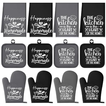Sratte 12 Pcs Farmhouse Kitchen Decor and Accessories Sets 4 Black and Grey Kitchen Towels 4 Pot Holders 4 Oven Mitts Gloves for Home Rustic Decor Baking Cooking Supply
