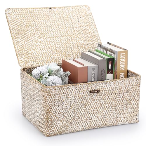 Hipiwe Wicker Woven Baskets Bin with Lid Seagrass Storage Basket, X-Large | Natural Decorative Baskets Rectangular Household Basket for Shelf Wardrobe Home Decor, Whitewash - color: Whitewash, size: X-Large