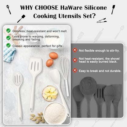 HaWare Kitchen Utensils, 14 PCS Silicone Cooking Utensils Set, Heat Resistant Kitchen Utensils for Non-stick Cookware, Kitchen Gadgets Tools with Spoons, Spatulas, Whisk, Dishwasher Safe (White) - color: White