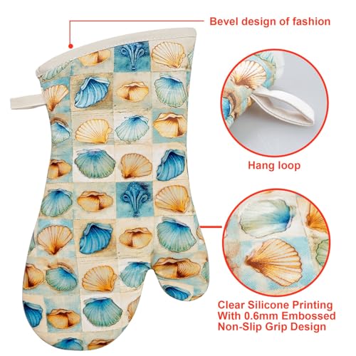 Oven Mitts Gloves 1 Pair Heat Resistant 480 ℉ Non Slip Clear Silicone Printed Shell Comfortable Cotton Lining Kitchen Men Cooking Barbecue Machine Washable (Shell, Beige Mitts) - color: Shell, Beige Mitts