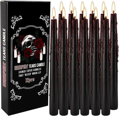 Vampire Tears Black Bleeding Taper Candles 12 Pack, 10 Inch | Unscented, Red Drip Effect When Lit, Halloween & Party Decor, Ritual Use, 24.5 cm Tall - color: 12 Black