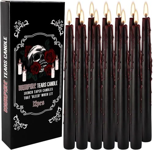 Vampire Tears Black Bleeding Taper Candles 12 Pack, 10 Inch | Unscented, Red Drip Effect When Lit, Halloween & Party Decor, Ritual Use, 24.5 cm Tall - color: 12 Black