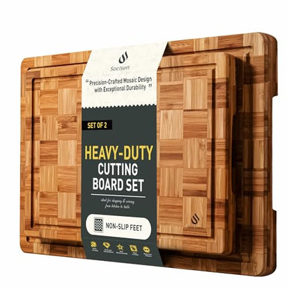 2 Pack Wooden Cutting Boards for Kitchen Bamboo Chopping Boards Non Toxic | Heavy Duty, End Grain, Non Slip, Cutting Board Set, Multiple Size, Solid Thick, Butcher Block, Wood Charcuterie Board - size: Multiple Sizes (Set of 2)