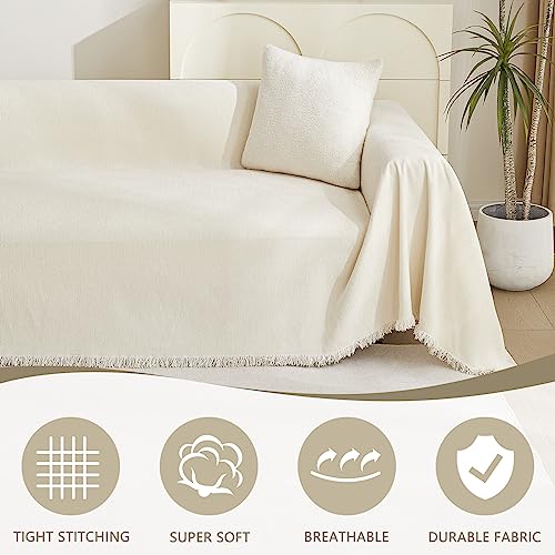 MYSKY HOME Beige Couch Covers Boho Style Chenille for 2 Cushion L-Shape Washable Couch Blanket with Tassel Pet Cushion Cover, 71" X102 - color: Tassels Edge-beige, size: 71" x 102"