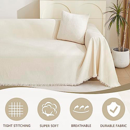 MYSKY HOME Beige Couch Covers Boho Style Chenille for 2 Cushion L-Shape Washable Couch Blanket with Tassel Pet Cushion Cover, 71" X102 - color: Tassels Edge-beige, size: 71" x 102"
