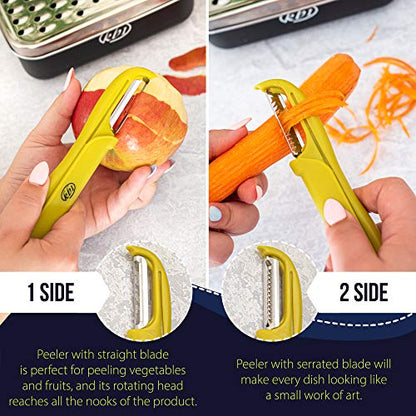 Cheese Grater with Container and Lid & Peeler Set - Vegetable Fruit Multi-Function Stainless Steel Kitchen Utensil Kit with Black Food Plastic Storage Stable Box - Hand Chopper Graters & Peelers