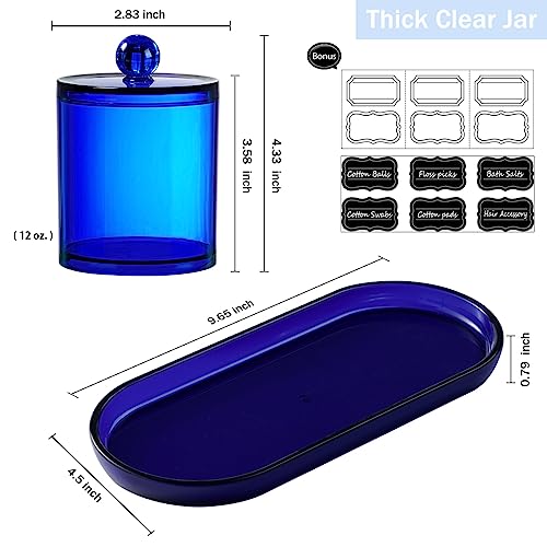 SheeChung 3 PCS Qtip Holder Bathroom Set with Tray, Acrylic Apothecary Jars | Blue Qtip Dispenser with Lid and Labels, Bathroom Qtip Holder Set for Cotton Ball, Cotton Swab 1 Pack Bathroom Vanity Tray - color: Blue