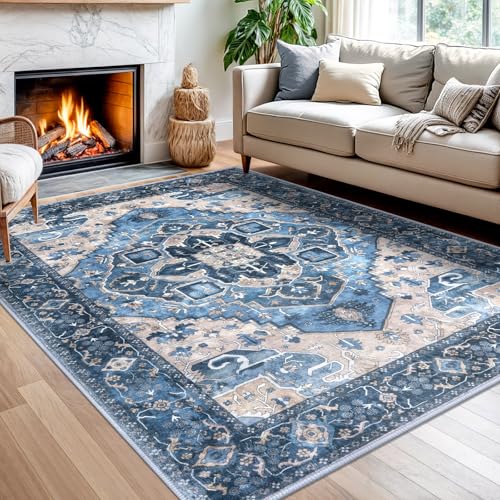 SIILOOM 5x7 Washable Area Rug, Non Slip Indoor Mat for Bedroom Living Room | Soft Boho Vintage Spill & Stain Resistant Low Pile Carpet for Dining Room Under Table Office Bedside, Easy Clean - color: Blue, size: 5' x 7' (Rectangular)