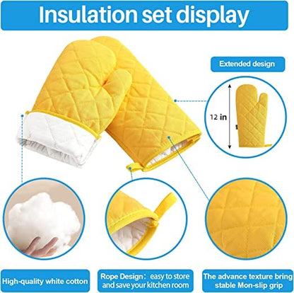 Oven Mitts and Pot Holders 4 pcs Set,High Heat Resistant 500 Degree Extra Thicken Long Kitchen Cotton Oven Glove for Cooking (12 Inch,Yellow) - color: Cotton-yellow