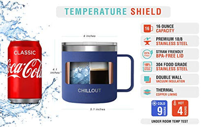 CHILLOUT LIFE Stainless Steel 16 oz Vacuum Insulated Coffee Mug with Handle and Lid, Large Thermal Camping Coffee Mug Cup with Durable Sliding Top for Men & Women - Keeps Beverages Hot/Cold - color: Navy Blue, size: 16 Ounces