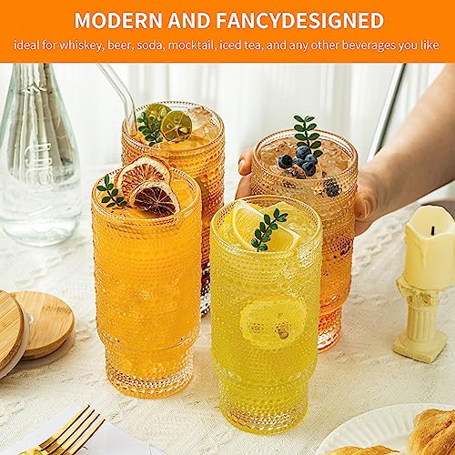 KEMORELA Elegant Highball Glassware Set - 16oz XL Glasses - Mixed Drinks, Iced Coffee, Beer, Juice, Water - Hobnail, Beaded Designs - Set of 4 | Stylish Collection for Any Occasion - color: 4PCS-16oz