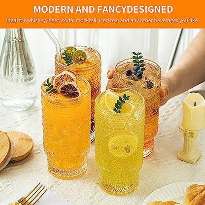 KEMORELA Elegant Highball Glassware Set - 16oz XL Glasses - Mixed Drinks, Iced Coffee, Beer, Juice, Water - Hobnail, Beaded Designs - Set of 4 | Stylish Collection for Any Occasion - color: 4PCS-16oz
