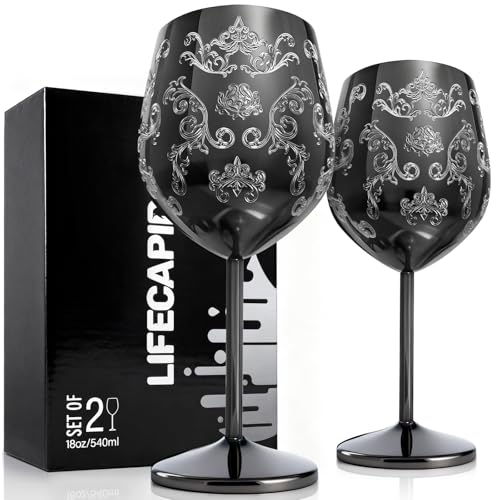 Lifecapido Stainless Steel Wine Glasses Set of 2, 18oz Etched Black Wine Goblets, Unique Wine Glasses with Intricate Baroque Engravings for Party Wedding Anniversary - color: Black