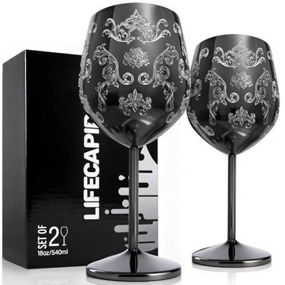 Lifecapido Stainless Steel Wine Glasses Set of 2, 18oz Etched Black Wine Goblets, Unique Wine Glasses with Intricate Baroque Engravings for Party Wedding Anniversary - color: Black