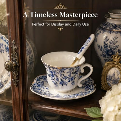 Noviko Blue and White Floral Teacup and Saucer Set with Spoon, 6 oz - color: Blue