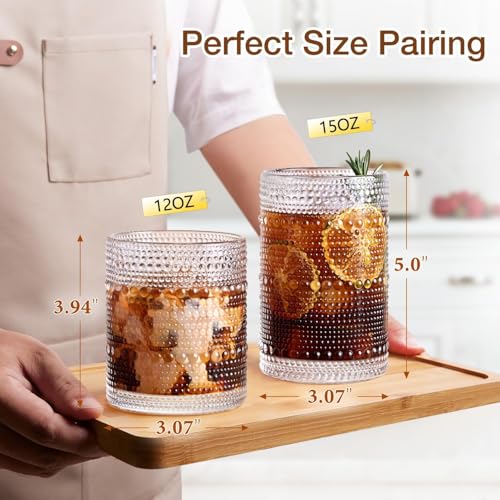 Drinking Water Glass Cups Set,Crystal Hobnail Glass set of 8,15oz&12oz | Unique Design Vintage Tall Glass Cups Sets for Whiskey,Cocktail,mocktails - style: Drinking set of 8 15oz 12oz