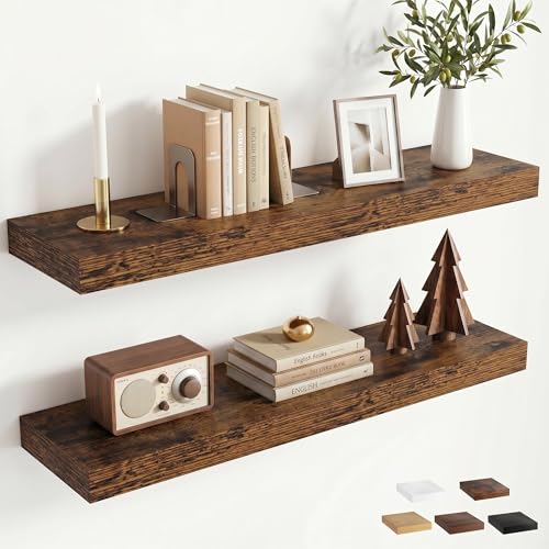 32 inchs Floating Shelves for Wall Mounted Set of 2,Rustic Wood Floating Shelf with Invisible Brackets for Small Bathroom,Bedroom,Living Room,Modern Home Decor -Rustic Brown - color: Rustic Brown, size: 32''W x 7.9''D x 1.5''H,Set of 2-MDF