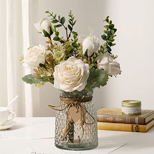YJ Fake Flowers with Vase, Silk Roses Artificial Flowers in Vase, Faux Flower Plant Arrangement Suitable for Home Office Decoration, Dining Table Centerpiece(White) - color: White