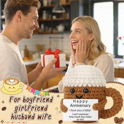 Xinezaa Mini Christmas Anniversary Crochet Coffee Gifts for Wife Husband | Birthday Gifts for Girlfriend Boyfriend Couples Coffee Lover, Cute Handmade Crochet, Valentine Romantic I Love You Desk Decor - style: Anniversary